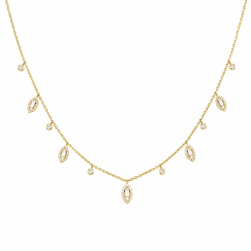 14k Gold Baguette Marquise Halo Diamond Necklace