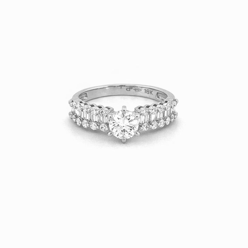 14K Gold Natural Round Diamond Baguette and Round Channel Engagement Ring