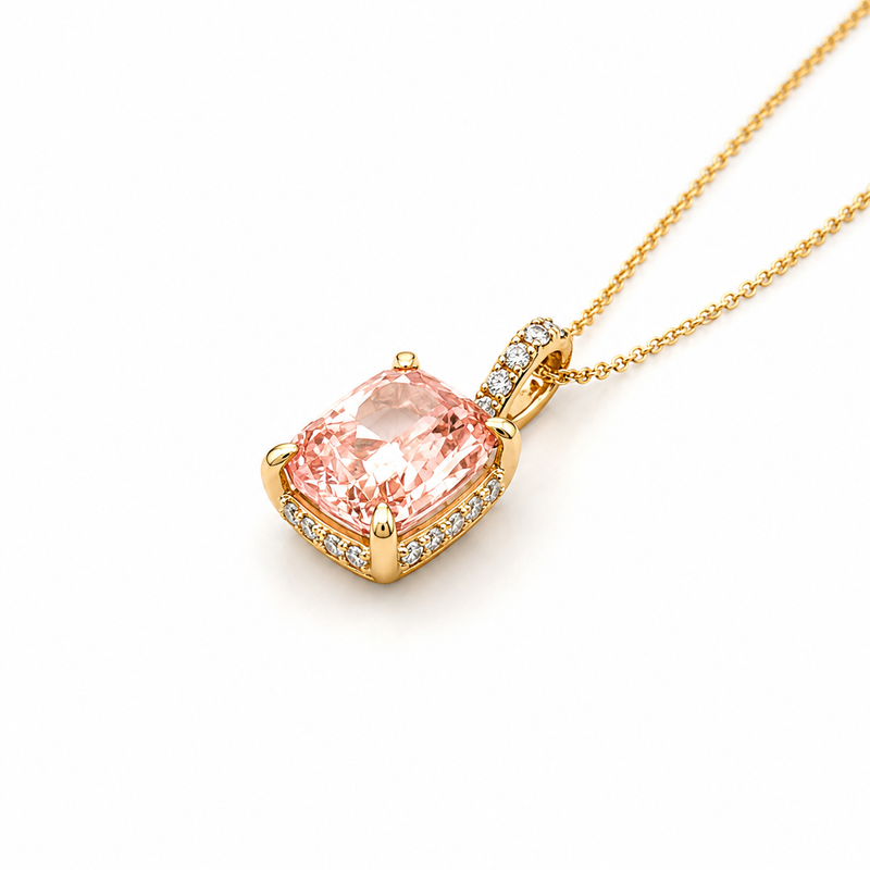 14K Gold Lab Grown Cushion Pink Diamond Under Halo Pendant Necklace