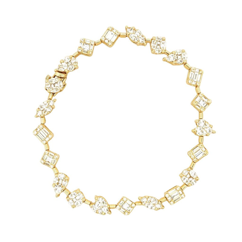 14K Gold Natural Multi Shape Baguette and Round Diamond Cluster Bracelet