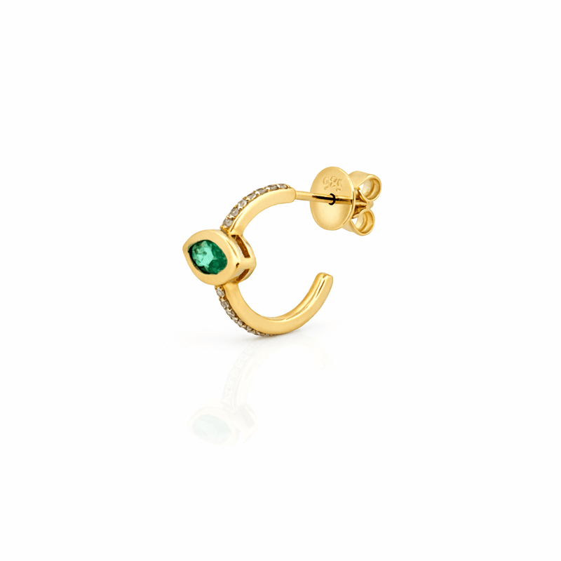 14K Gold Marquise Emerald Bezel Diamond Huggie Earrings