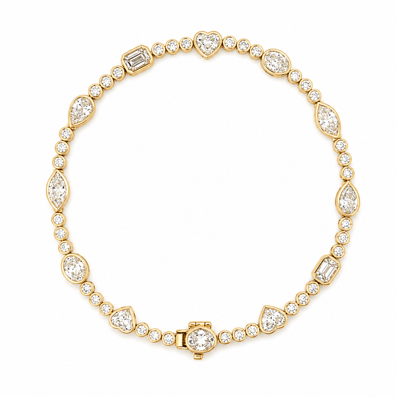 14K Gold Multi Shape Station Round Natural Diamond Bezel Bracelet