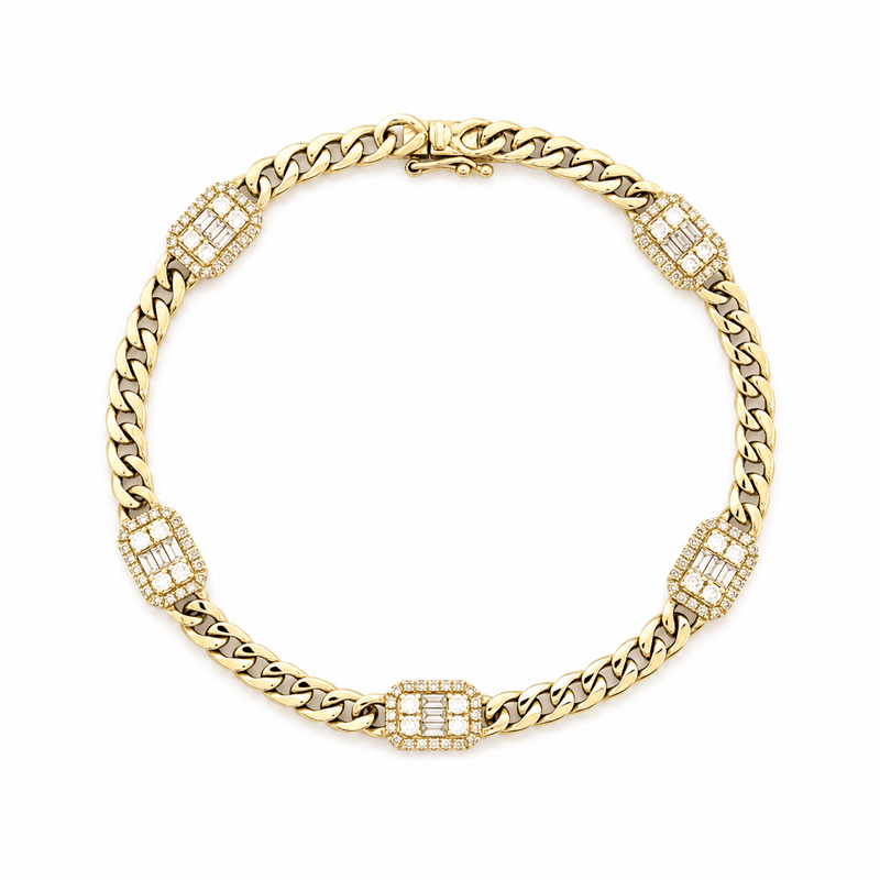 14K Gold Emerald Shape Cluster Cuban Link Diamond Bracelet