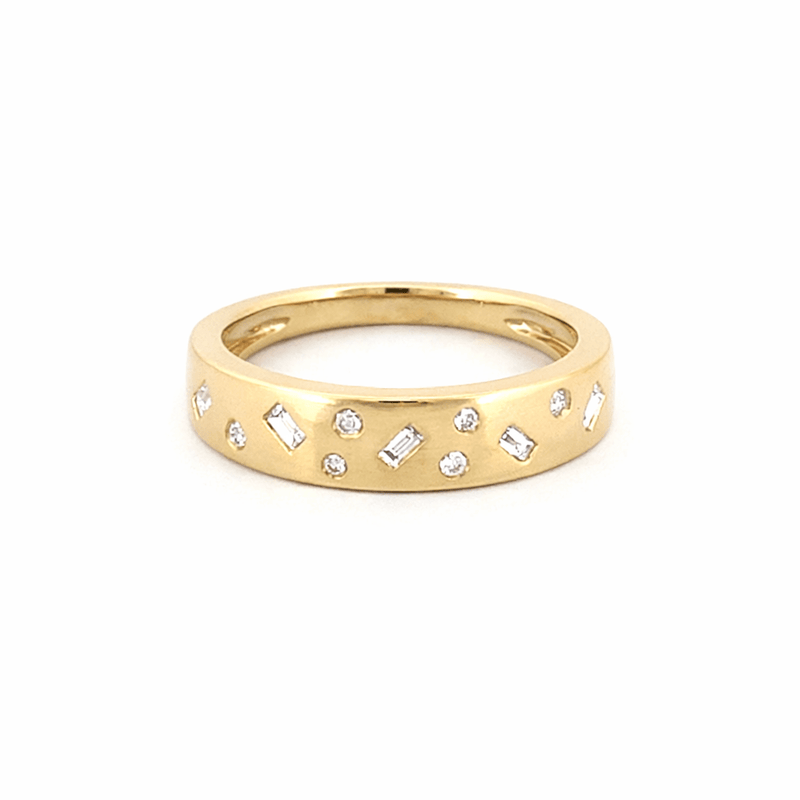 14K Gold Oblique Baguette and Round Diamond Fashion Band