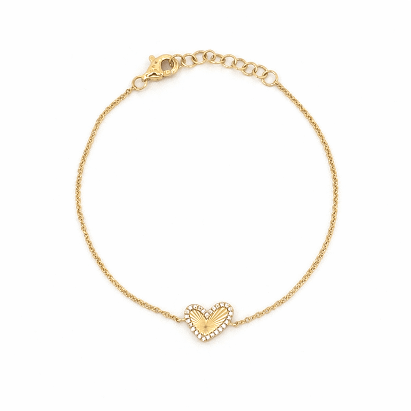 14K Gold Fluted Heart Diamond Charm Bracelet
