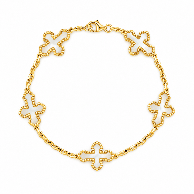 14K Gold Mother of Pearl Beaded Cross Chain Bracelet