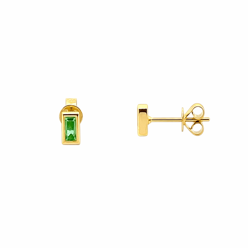14K Gold Baguette Cut Emerald Bezel Stud Earrings