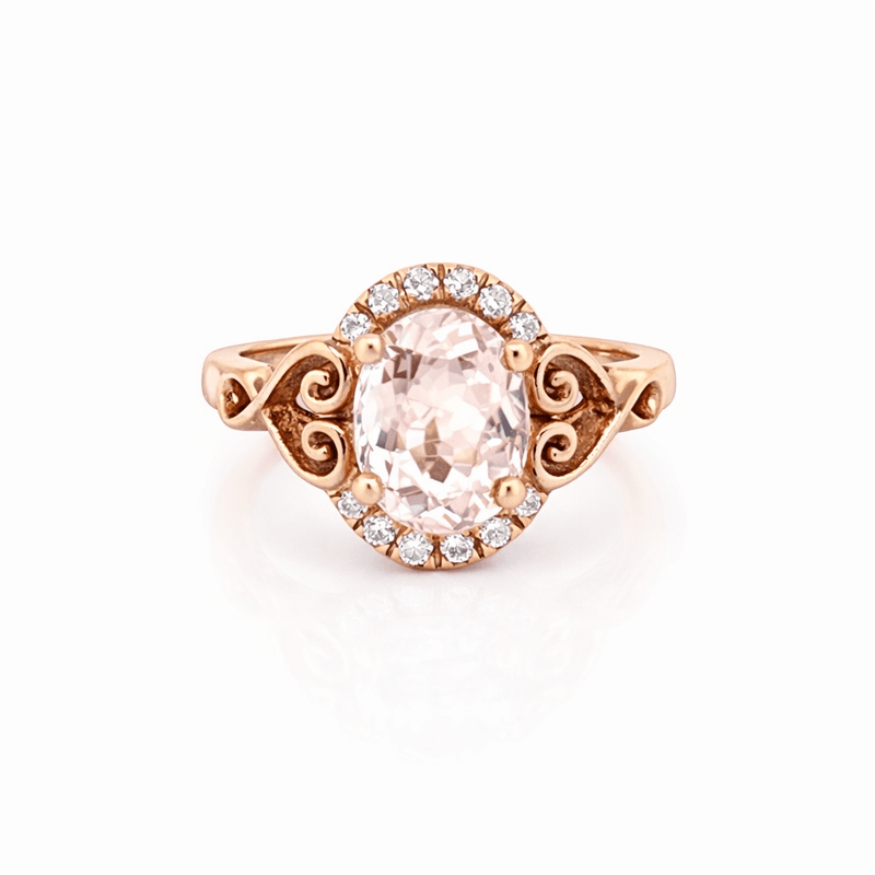 14K Gold Oval Morganite Diamond Halo Fancy Heart Band