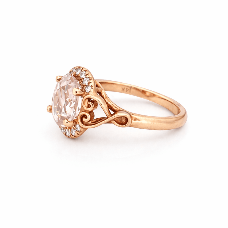 14K Gold Oval Morganite Diamond Halo Fancy Heart Band