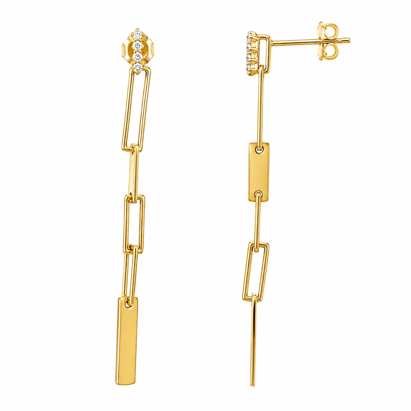 14K Gold Paper Clip Diamond Bar Earrings