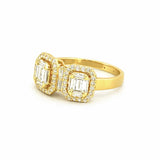 14K Gold Three Baguette Cluster Diamond Three Stone Halo Ring