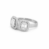 14K Gold Three Baguette Cluster Diamond Three Stone Halo Ring