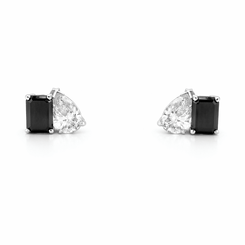 14K Gold Lab Grown Diamond Pear and Black Diamond Emerald Stud Earrings