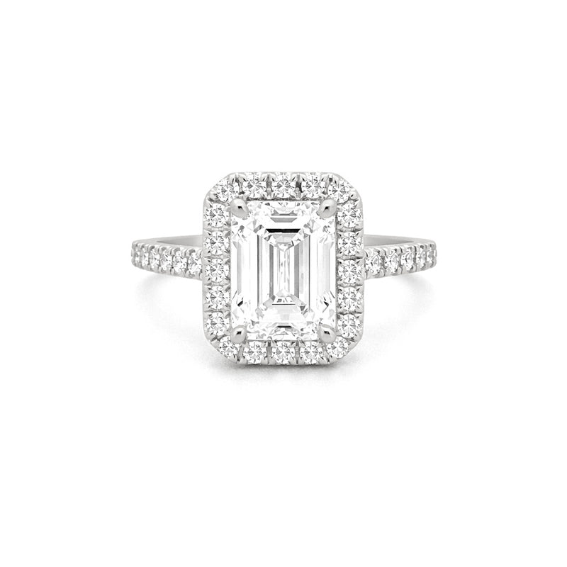 14K Gold 3.00 Carat Lab Grown Emerald Cut Diamond Cathedral Halo Engagement Ring