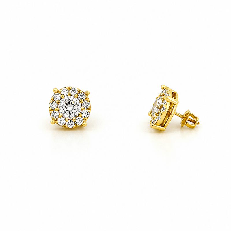 14K Gold Round Diamond Halo Stud Earrings