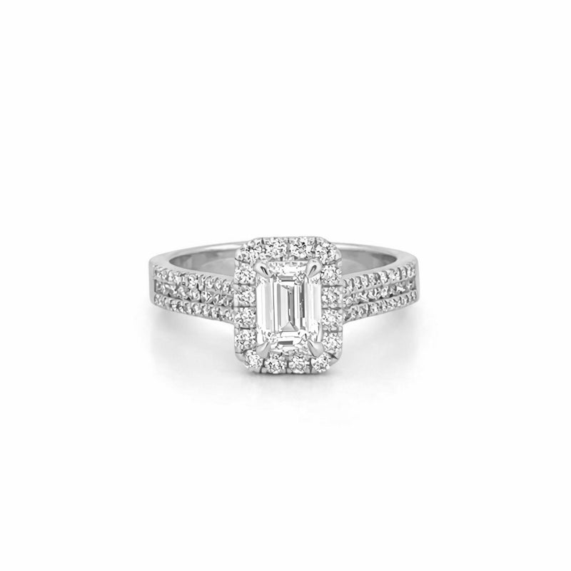 14K Gold 1.00 Carat Lab Grown Emerald Diamond Halo Three Row Engagement Ring