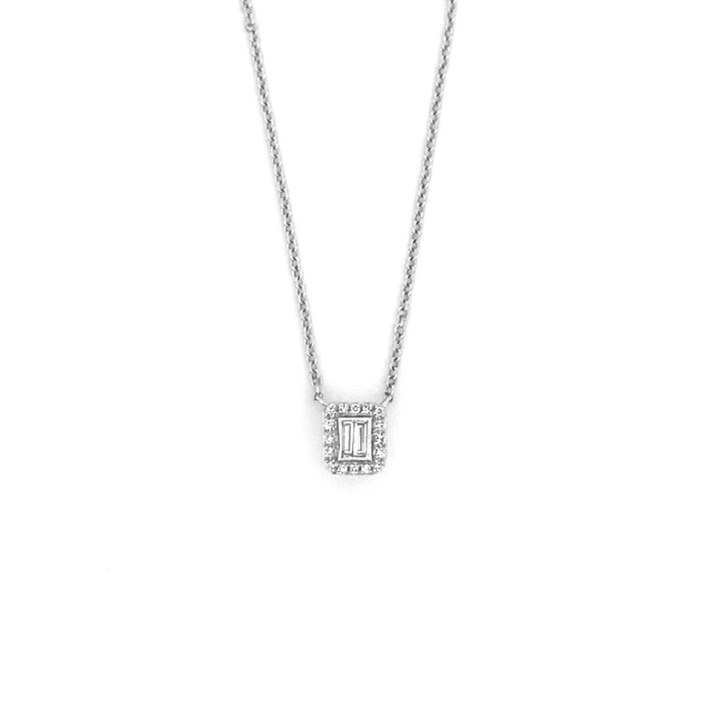 14K Gold Two Baguette Cluster Halo Diamond Necklace