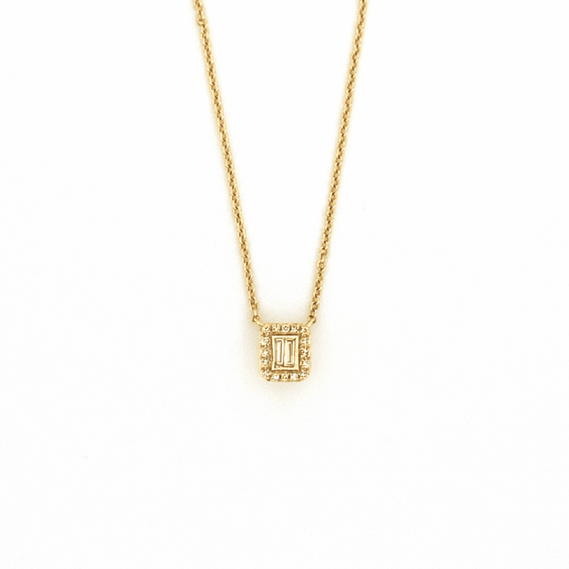 14K Gold Two Baguette Cluster Halo Diamond Necklace
