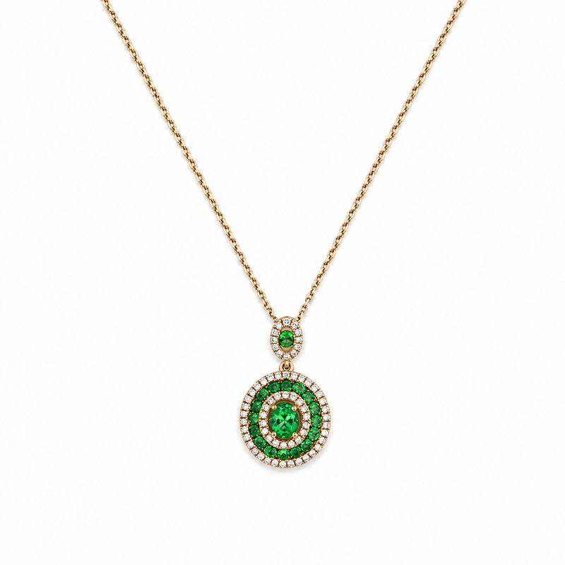 14K Gold Oval Cut Emerald Halo Pendant Necklace