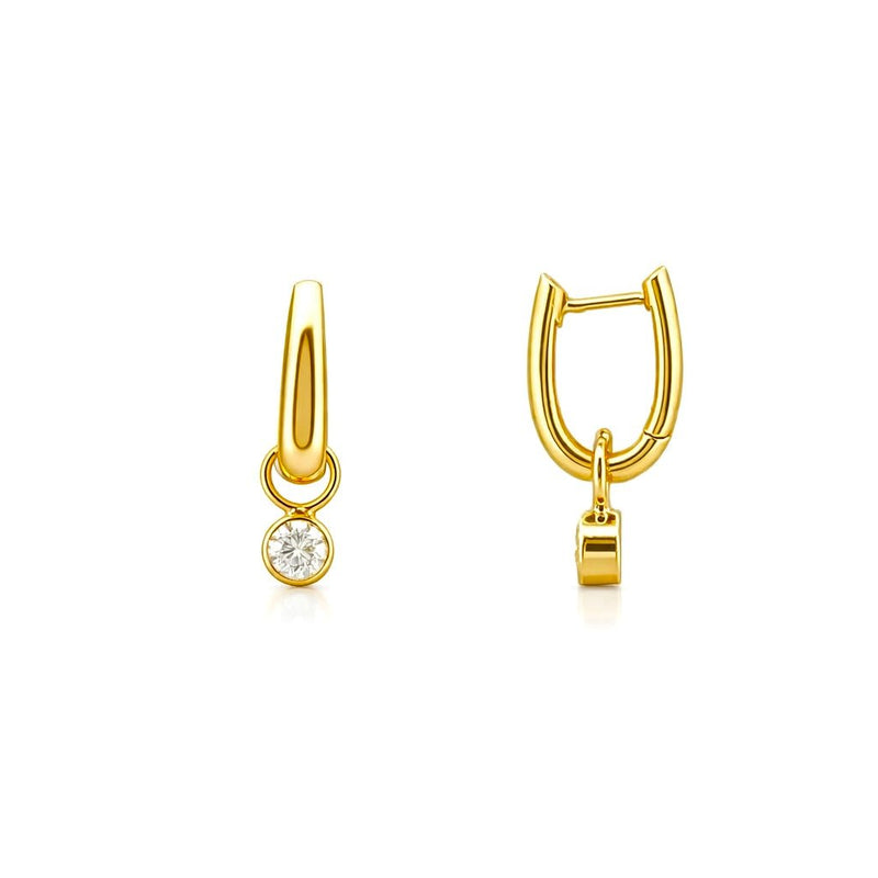 14K Gold Lab Grown Diamond Bezel Charm Huggie Earrings