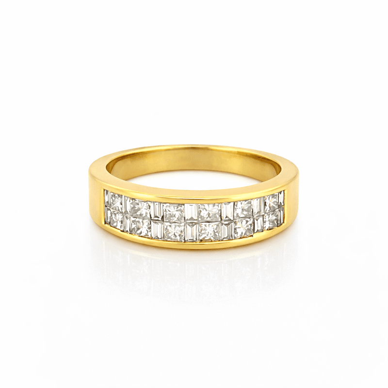 14K Gold Two Row Invisible Princess and Baguette Diamond Band