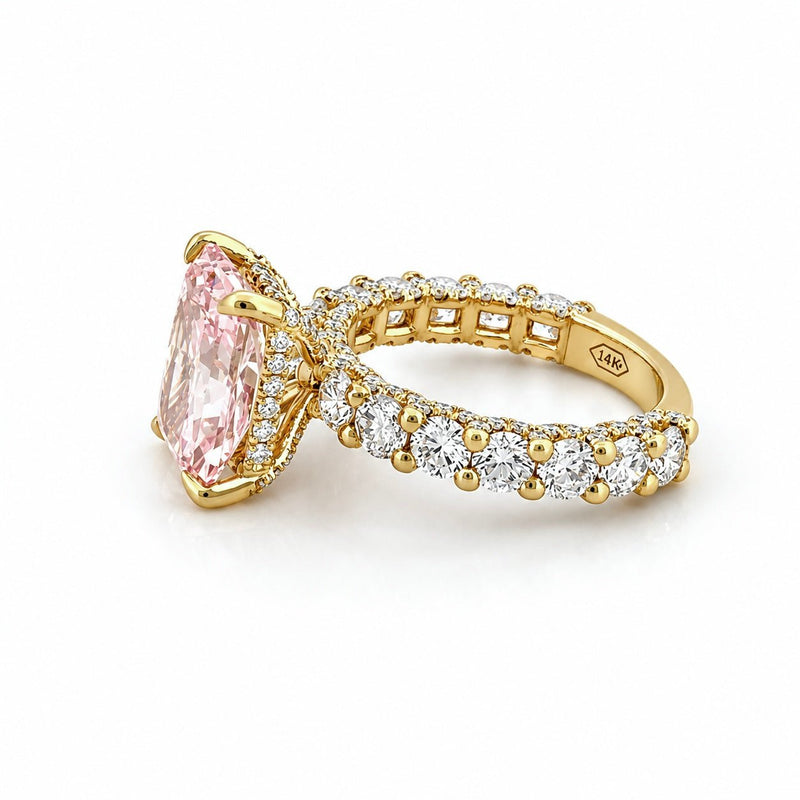 14K Gold Lab Grown Radiant Pink Diamond U Prong and Under Halo Engagement Ring