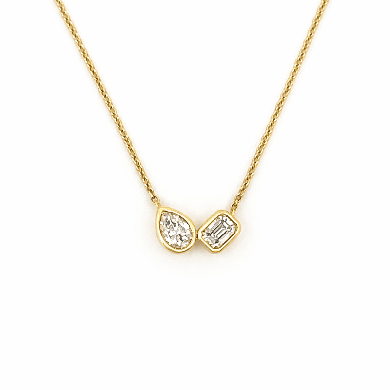 14K Gold Pear and Emerald Diamond Duo Pendant Necklace