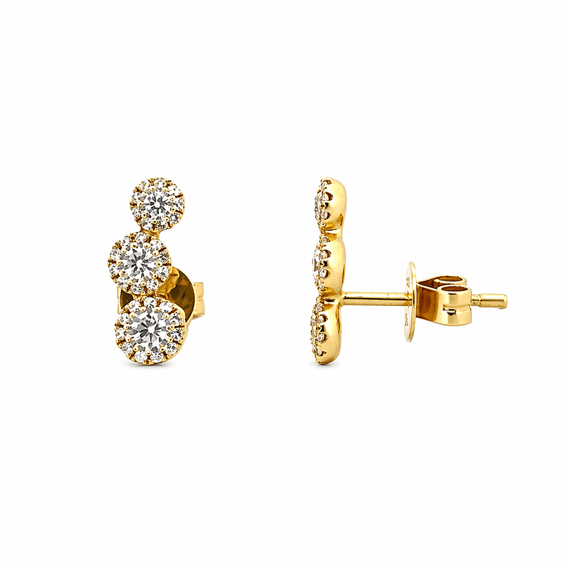 14K Gold Three Round Diamond Halo Stud Earrings