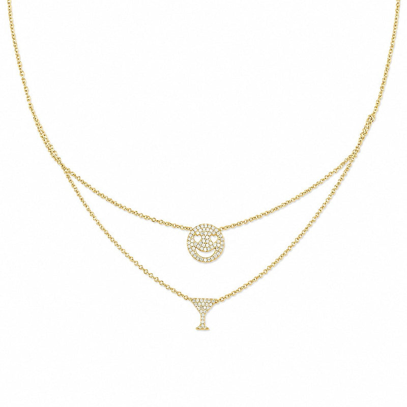 14K Gold Heart Eye Emoji + Martini Glass Diamond Pendant