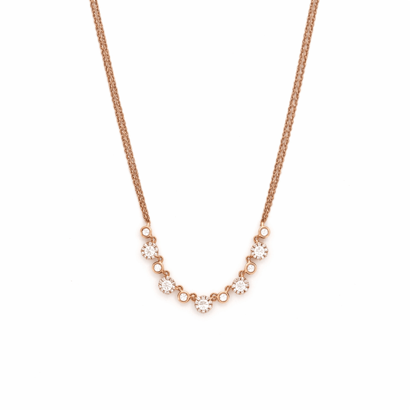 14K Gold Halo and Bezel Round Diamond Duo Chain Necklace