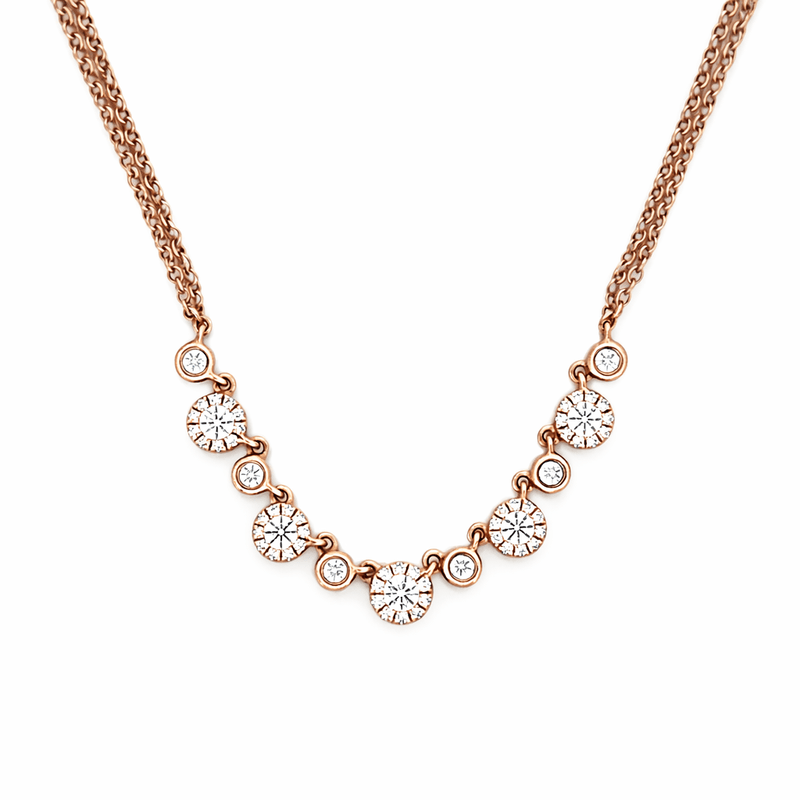 14K Gold Halo and Bezel Round Diamond Duo Chain Necklace