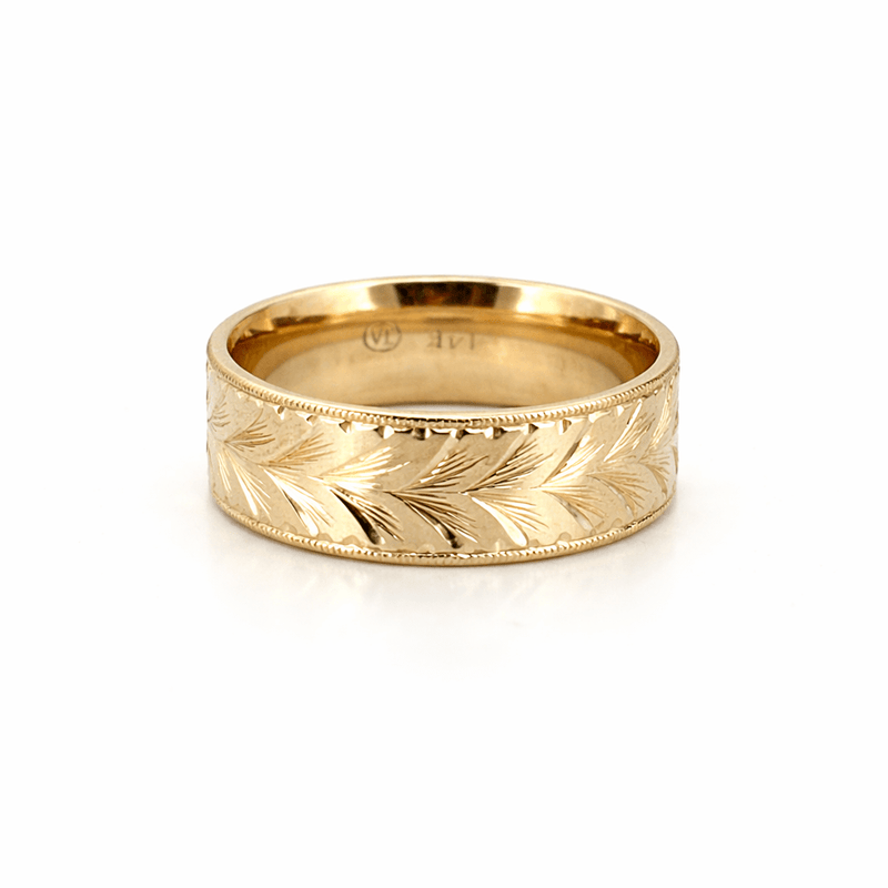 14K Gold Feathered Gold Mens Band