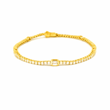 14K Gold Emerald Bezel Station and Round Lab Grown Diamond Tennis Bracelet