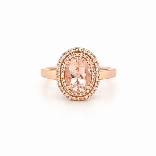 14K Gold 1.00 Carat Oval Morganite Double Halo Engagement Ring