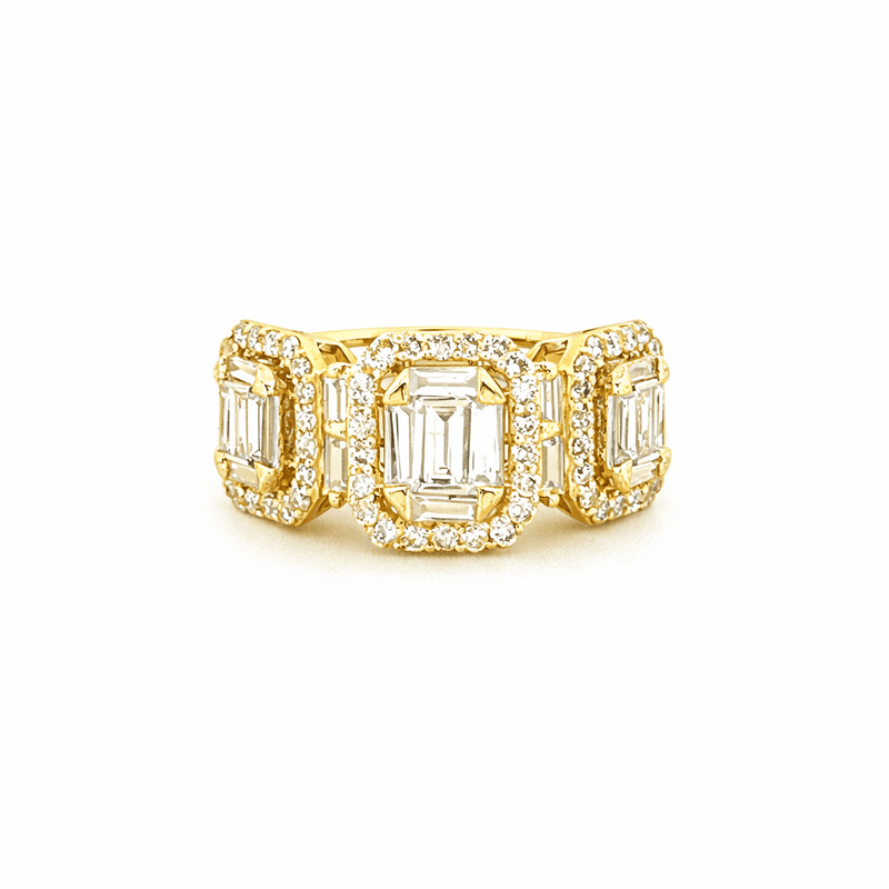 14K Gold Three Baguette Cluster Diamond Three Stone Halo Ring
