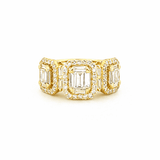14K Gold Three Baguette Cluster Diamond Three Stone Halo Ring