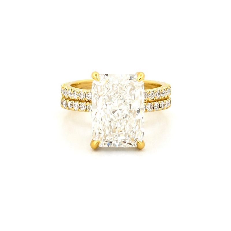 14K Gold 7.00 Carat Lab Grown Radiant Diamond Prong Set Under Halo Engagement Set