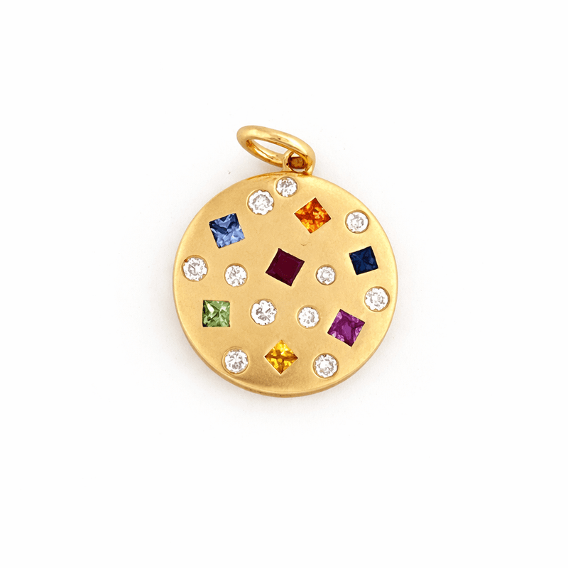 14K Gold Colored Stone and Diamond Scattered Circle Pendant