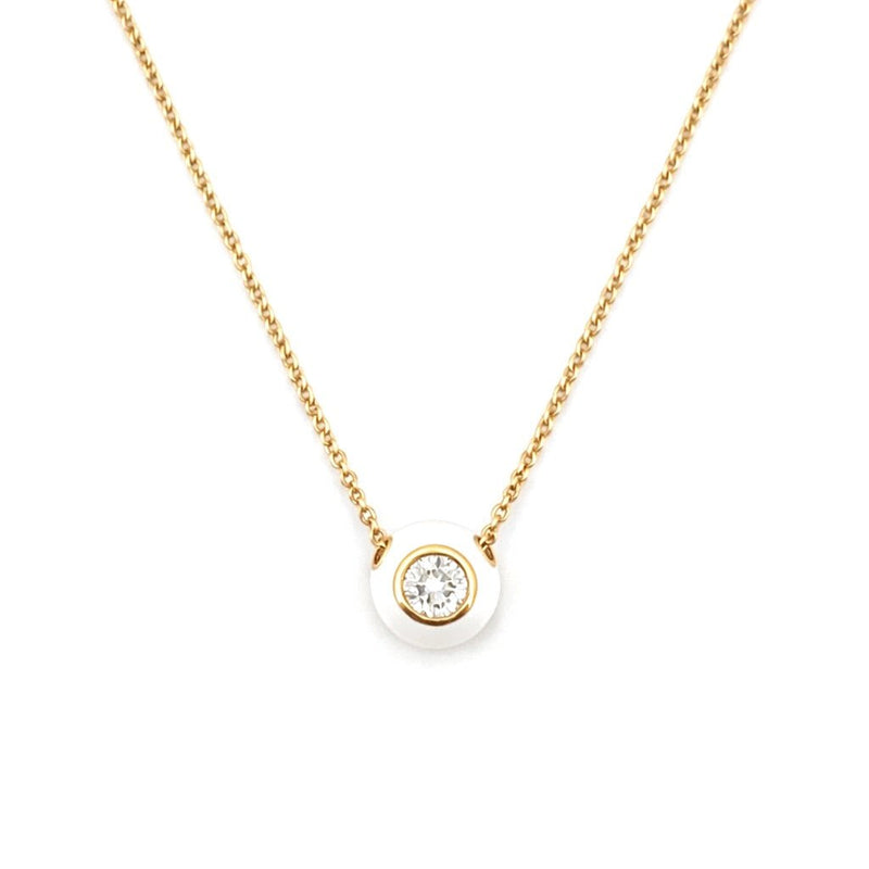 14K Gold White Enamel Round Dome Pendant Necklace