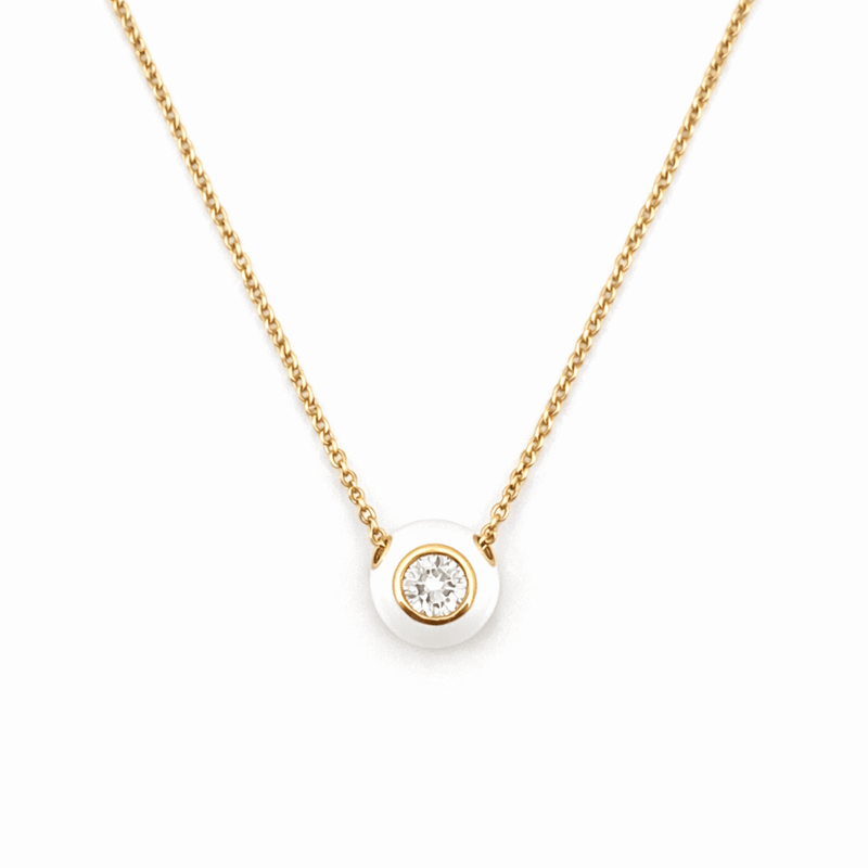 14K Gold White Enamel Round Dome Pendant Necklace