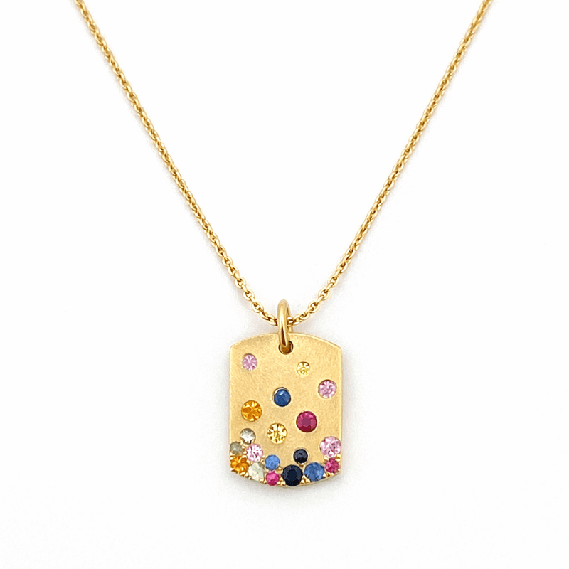 14K Gold ID Mixed Color Stones Scattered Pendant Necklace