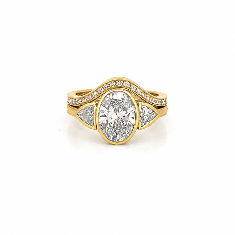 14K Gold 2.00 Carat Lab Grown Oval Cut Diamond Trillian Three Stone Engagement Set