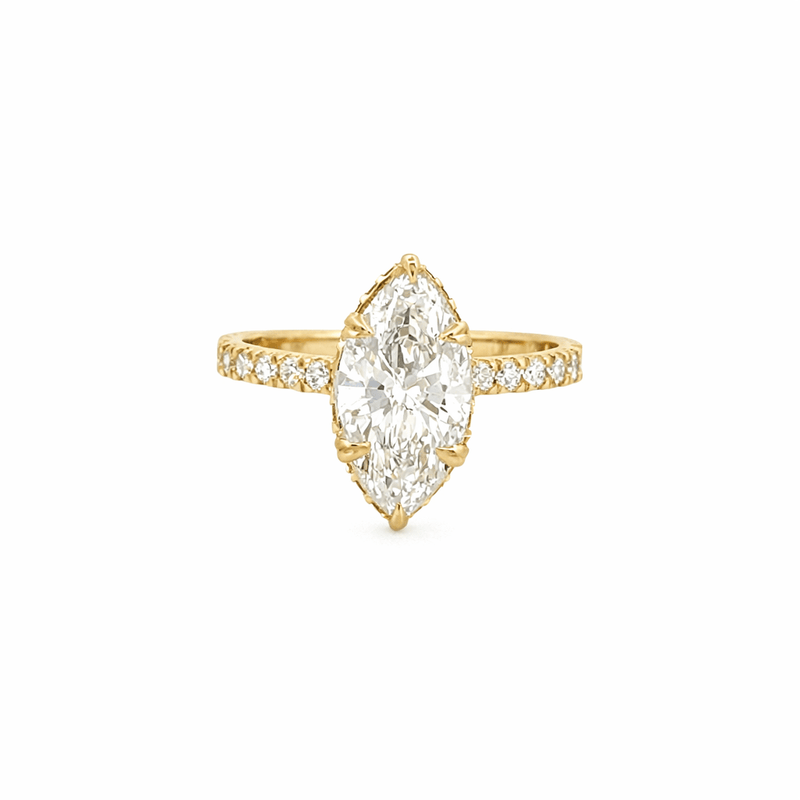 14K Gold 2.50 Carat Lab Grown Marquise Diamond Prong Set Engagement Ring with Diamond Under Halo and Prongs