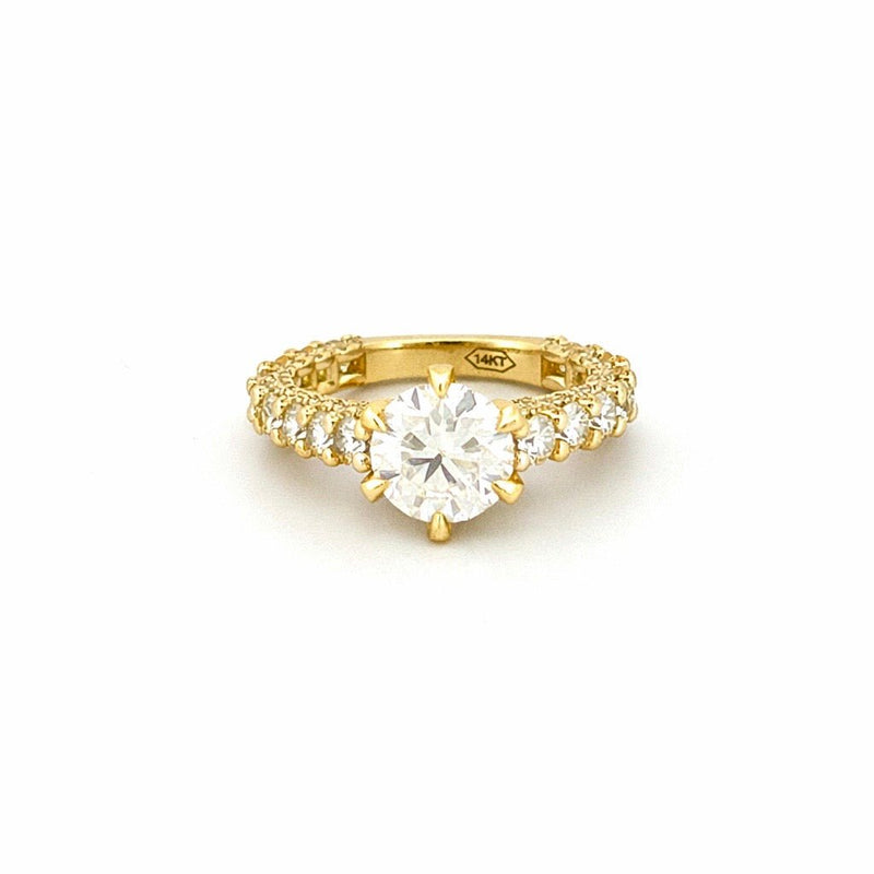 14K Gold 2.00 Carat Round Cut Moissanite Diamond U Prong Engagement Ring w/ 3D Diamond Prongs