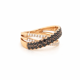 14K Gold Black Diamond and Diamond Crossed Two Row Ring
