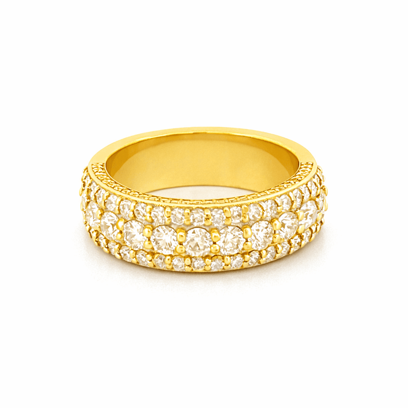 14K Gold Three Row Diamond Mens Band w/ Diamond Walls