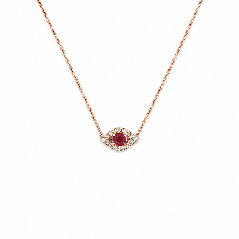 14K Gold Ruby Evil Eye Diamond Pendant Necklace