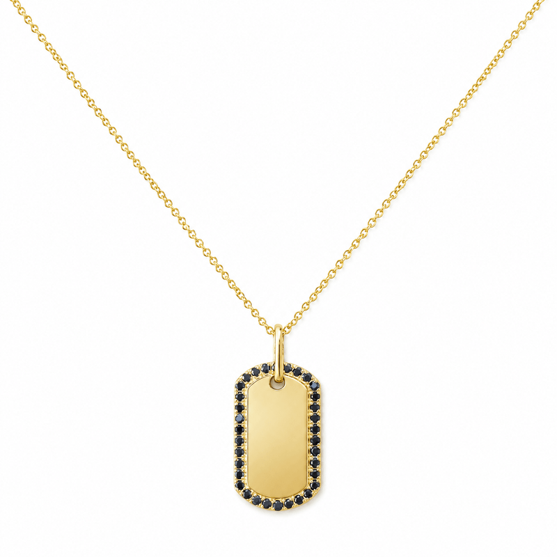 14K Gold Dog Tag Black Diamond Necklace