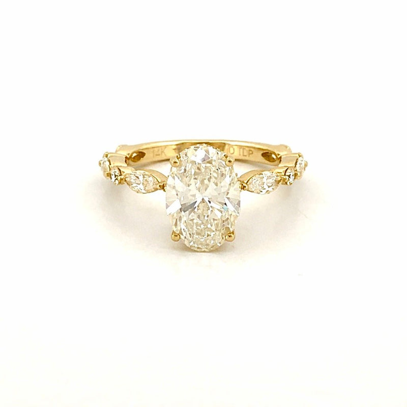 14K Gold Lab Grown Oval Diamond Marquise and Round Under Halo Engagement Ring