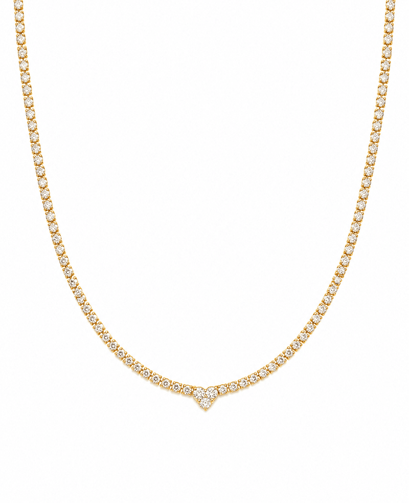 14k Gold Half Tennis Half Paper Clip 3-Round Heart Diamond Necklace